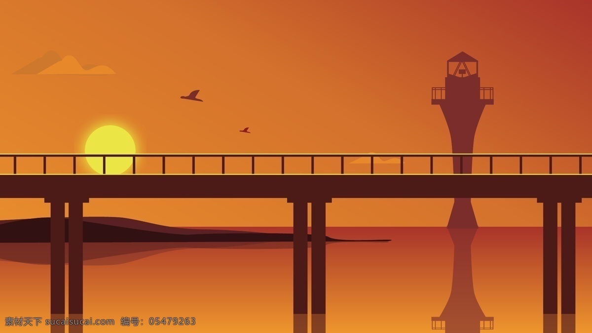 你好 八月 夕阳 下 跨海 大桥 灯塔 背景 傍晚 跨海大桥