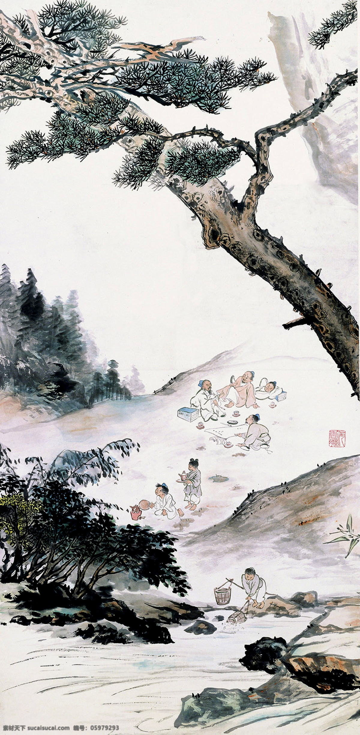 野炊图 游山玩水 男人 女人 老人 少儿 山石 野草 流水 松树 杂树 树木 古典 国画 何香凝 工笔 山水 人物 名家工笔画 绘画书法 文化艺术