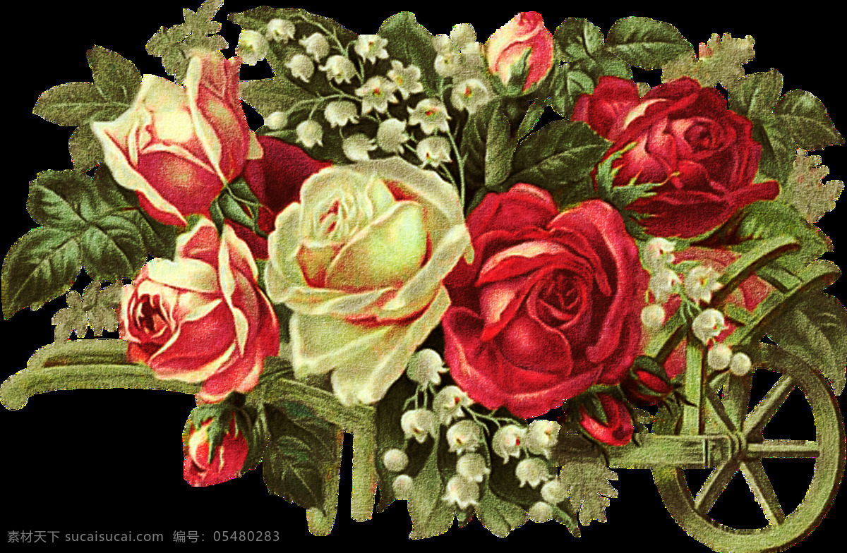 手绘 彩色 繁花 透明 红玫瑰 白玫瑰 车子 小白花 叶子 透明素材 免扣素材 装饰图片