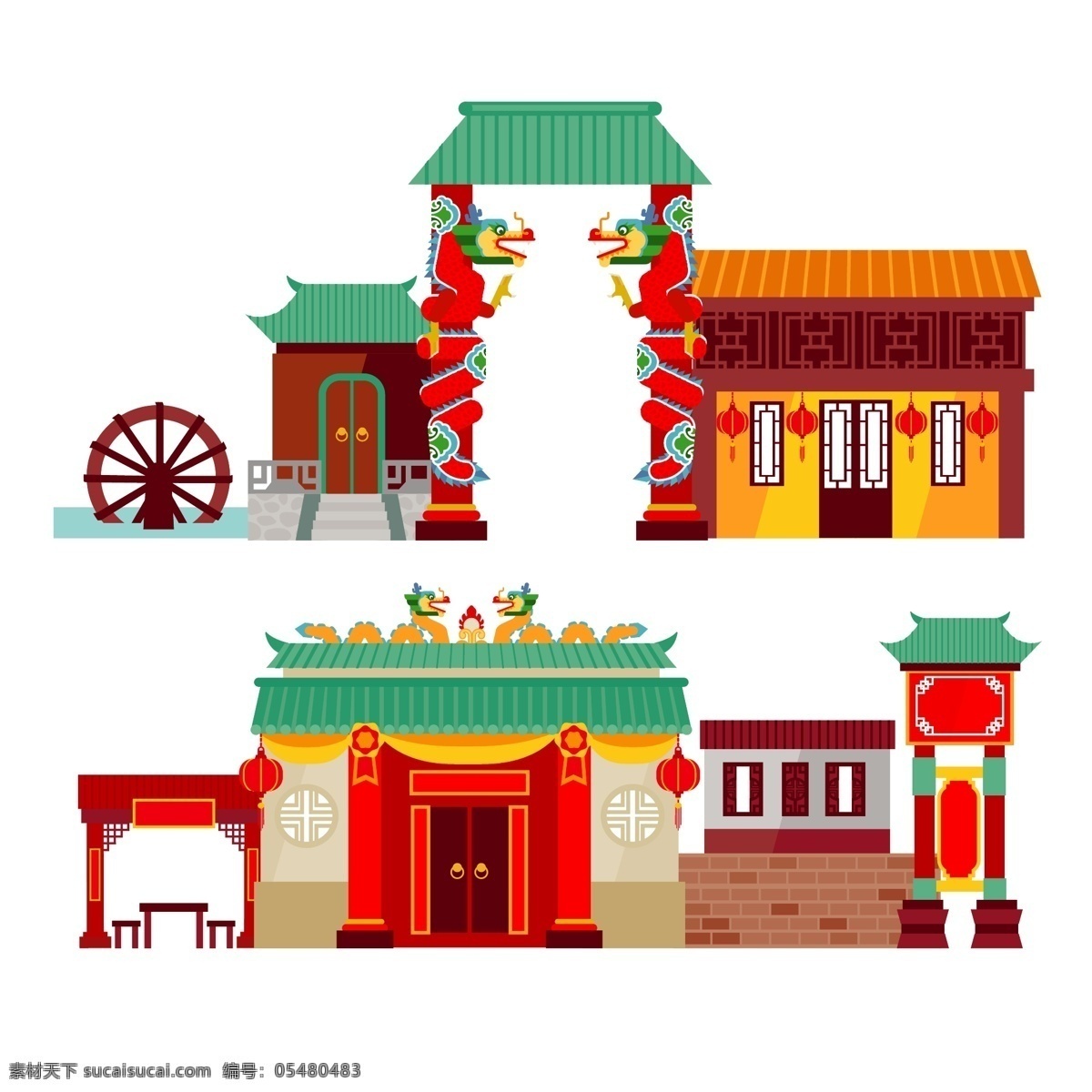中国 传统 仿古建筑 插画 仿古 古代 建筑 龙头 外观
