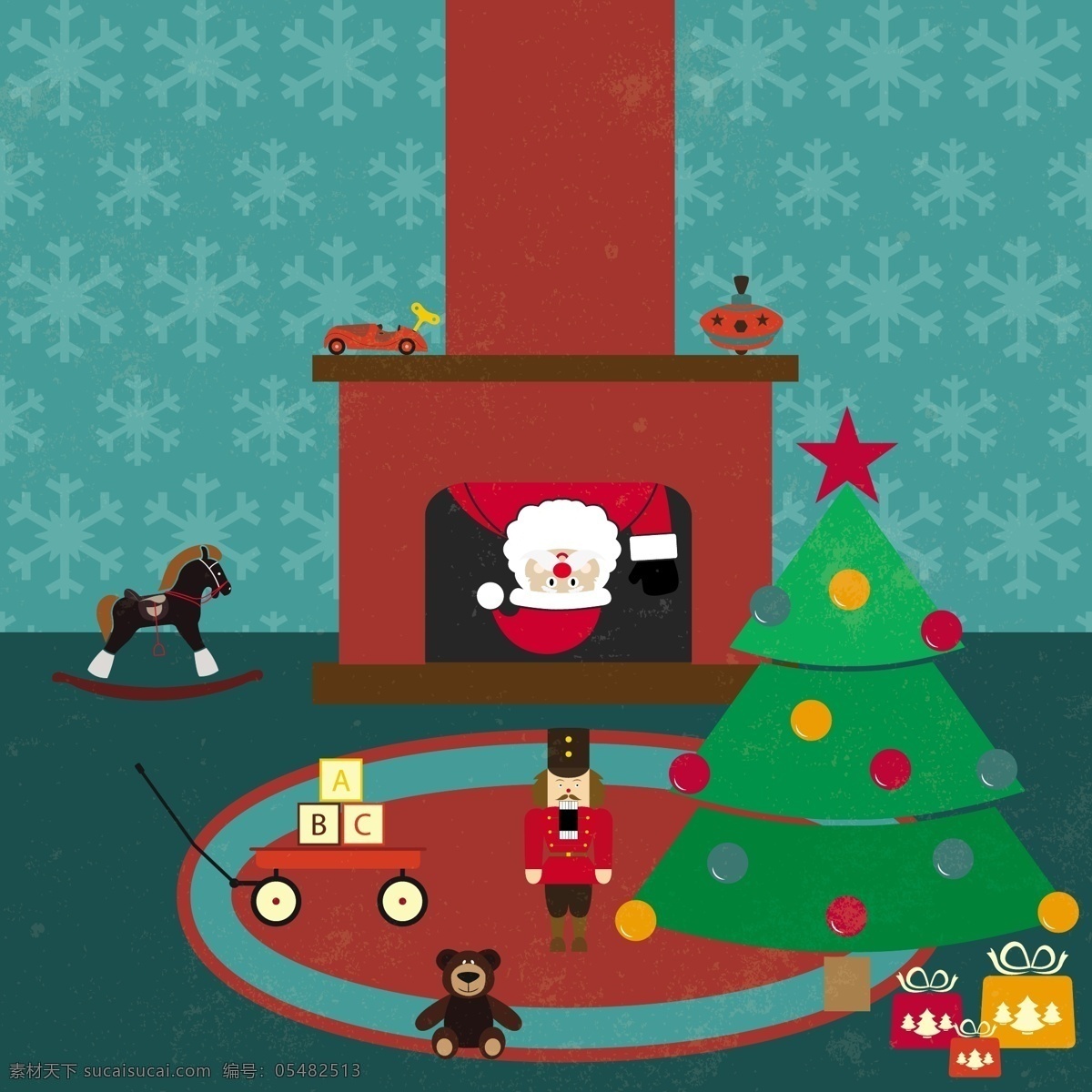 可爱 钻 壁炉 圣诞老人 插画 玩具车 木马椅子 圣诞树 玩具锡兵 礼物 礼盒 烟囱 圣诞节 积木 玩偶熊 文化艺术 节日庆祝