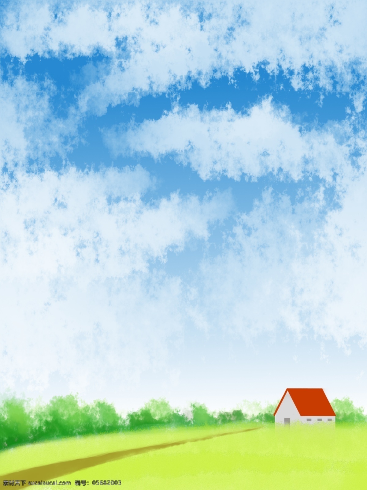 蓝天 白云 红 房子 清新 大自然 背景 春天 蓝天白云 草地 手绘