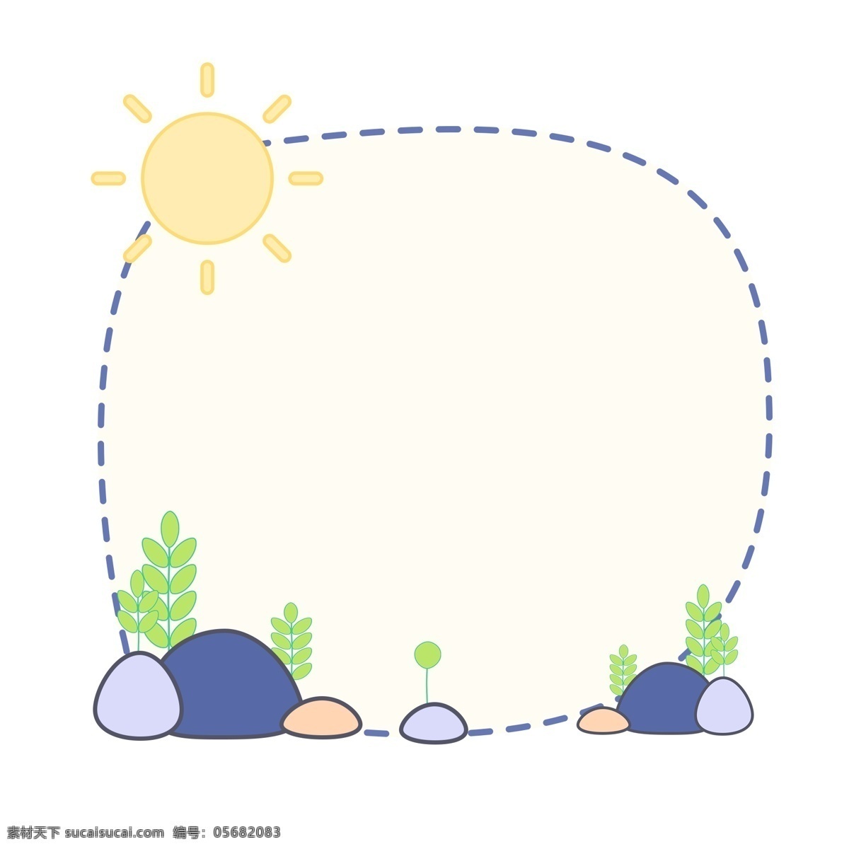 小草 太阳 石头 边框 绿色的小草 卡通插画 边框插画 框架 框子 框框 圆形的边框 圆圆的太阳 蓝色的石头