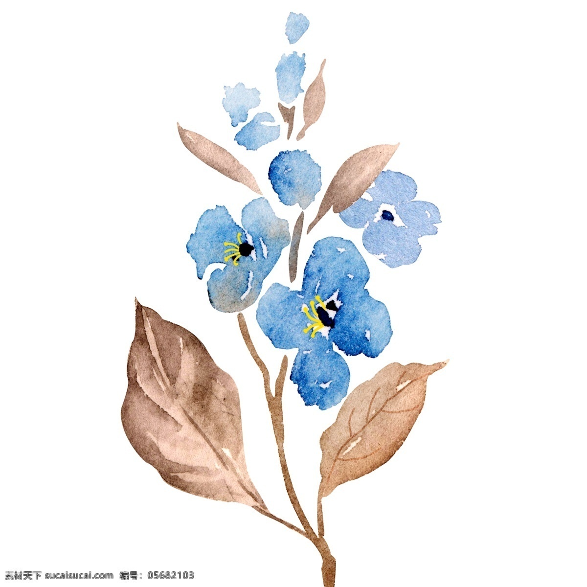 小 清新 水彩 手绘 蓝色 花卉 植物 元素 春天元素 手绘水彩 蓝色小花 叶子