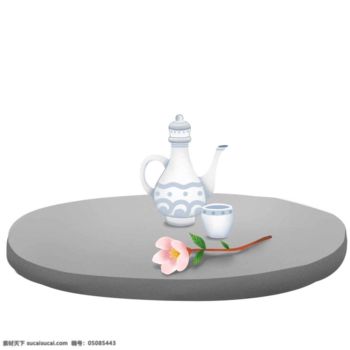 手绘 石 桌子 上 壶 酒 卡通 插画 石桌子 桃花 春季