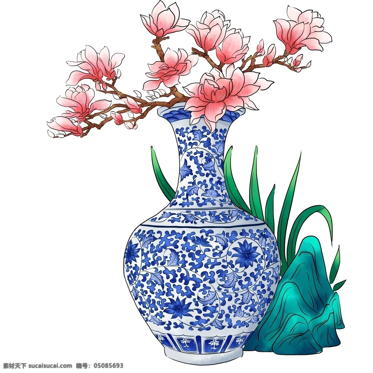 唯美 中国 风 插 桃花 青花瓷 手绘 植物 中国风 插画 花瓶