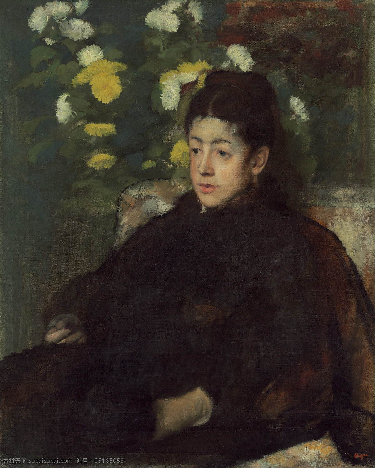 花朵 绘画书法 菊花 女孩 文化艺术 西方古典油画 印象派 埃德加 德加 作品 设计素材 模板下载 油画 油画作品 油画艺术 德加作品 圣马洛小姐 黑衣服 法国画家 国家美术馆 人像艺术 家居装饰素材