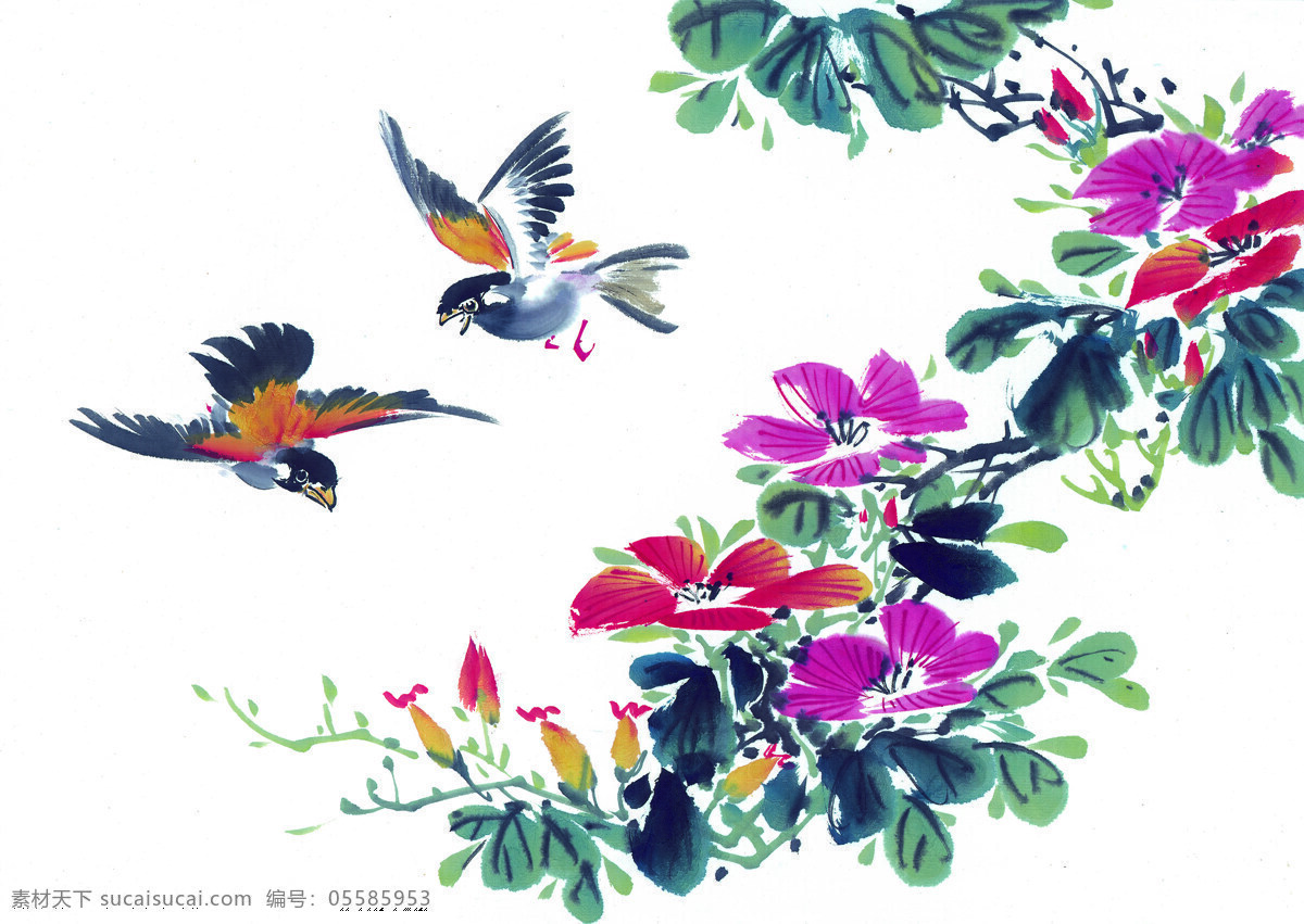 小鸟免费下载 动物 花丛 喜鹊 小鸟 油墨画 中华艺术绘画 文化艺术