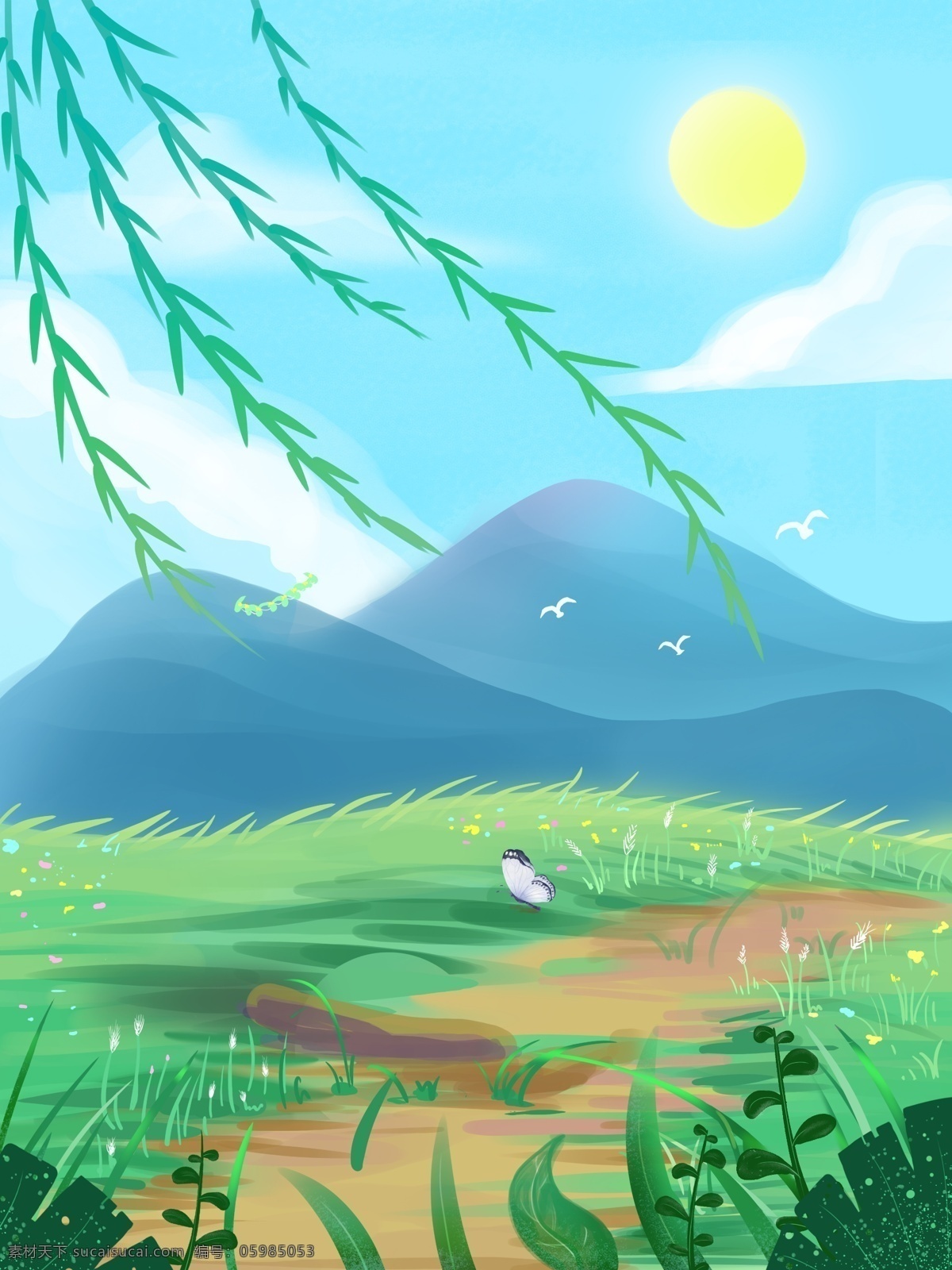 春天 阳光 柳条 草地 背景 太阳 草地背景 花草背景 广告背景 彩绘背景 通用背景 psd背景 特邀背景 促销背景 背景图 创意 清新背景