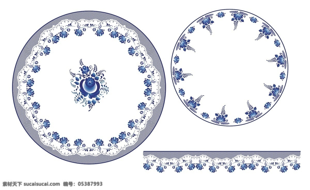青花瓷 花纹花边 中国风 陶瓷花纸设计 圆盘设计 盘子 蓝色花 陶瓷设计 生物世界 花草