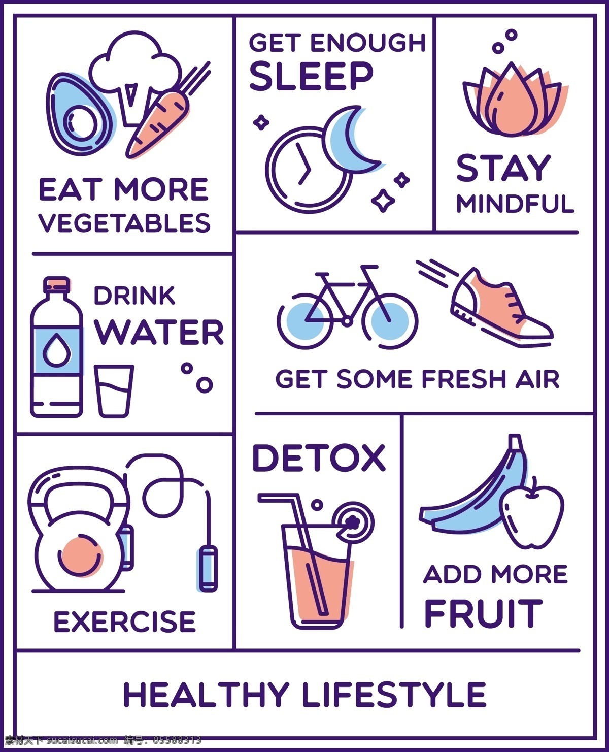 健康 生活方式 图标 喝水 蔬菜 运动 线条 多吃 水果 按时睡觉 手绘