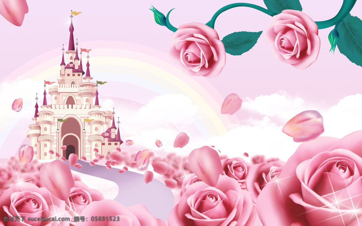 玫瑰 城堡 背景 墙 梦幻 电视背景墙 唯美梦幻 卡通 粉色 壁画 时尚背景墙 玫瑰背景墙