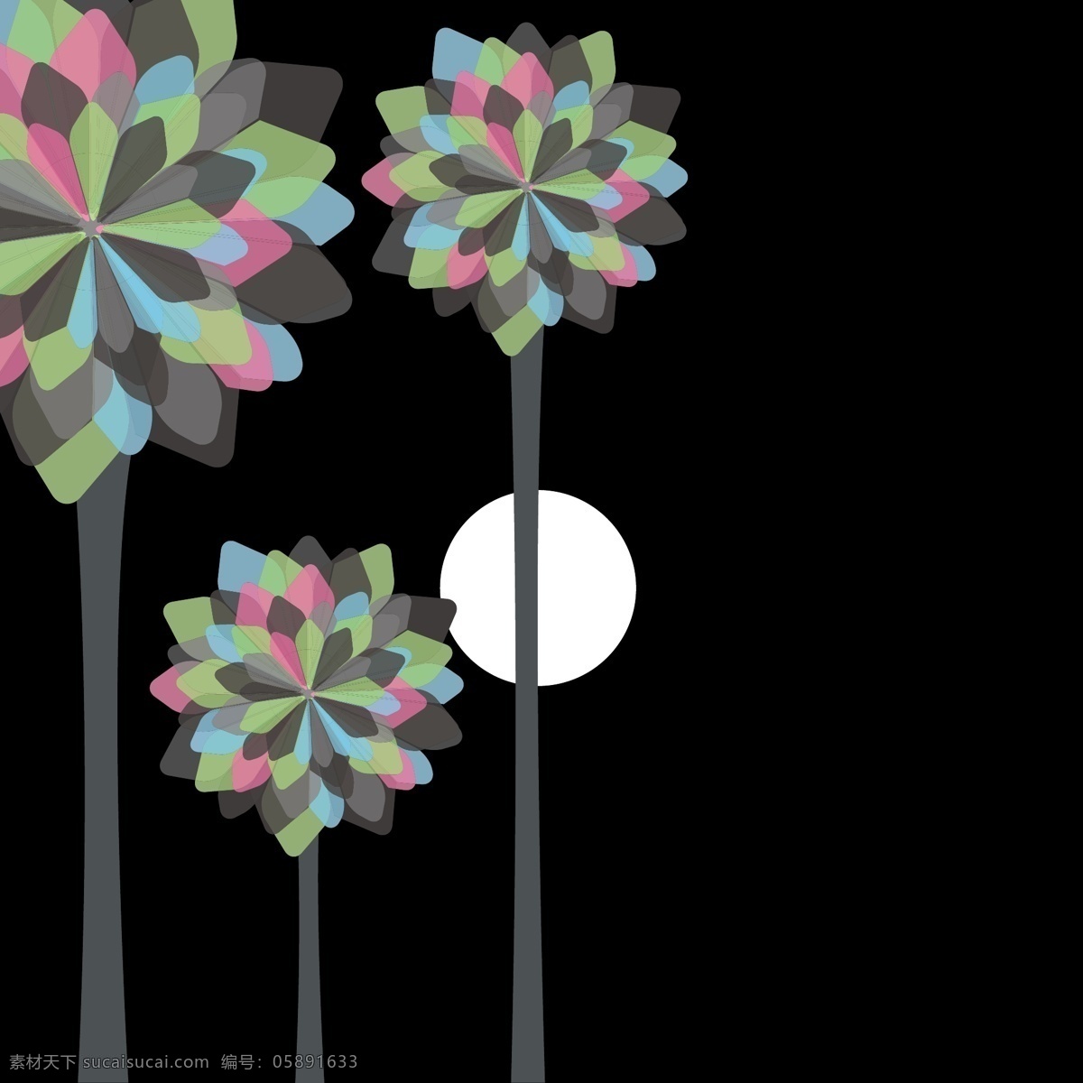 手绘风车树 装饰 植物 花朵素材 背景 花卉 手绘风格 花卉植物 花草素材 手绘 花草树木 生物世界 矢量素材 黑色
