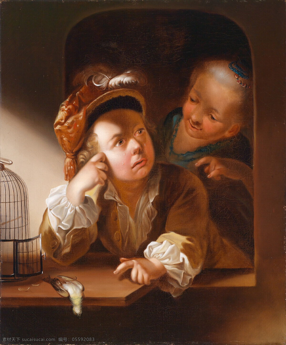 哭泣 窗子 绘画书法 鸟笼 文化艺术 小孩 小鸟 眼泪 小姑娘 18世纪 油画 装饰素材