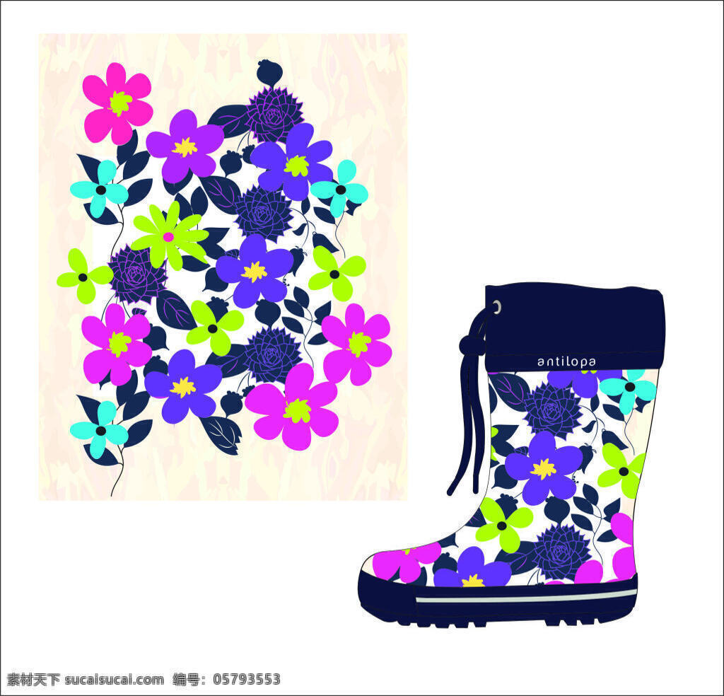 水墨 花朵 图案 雨靴 水墨花朵图案 鞋 白色