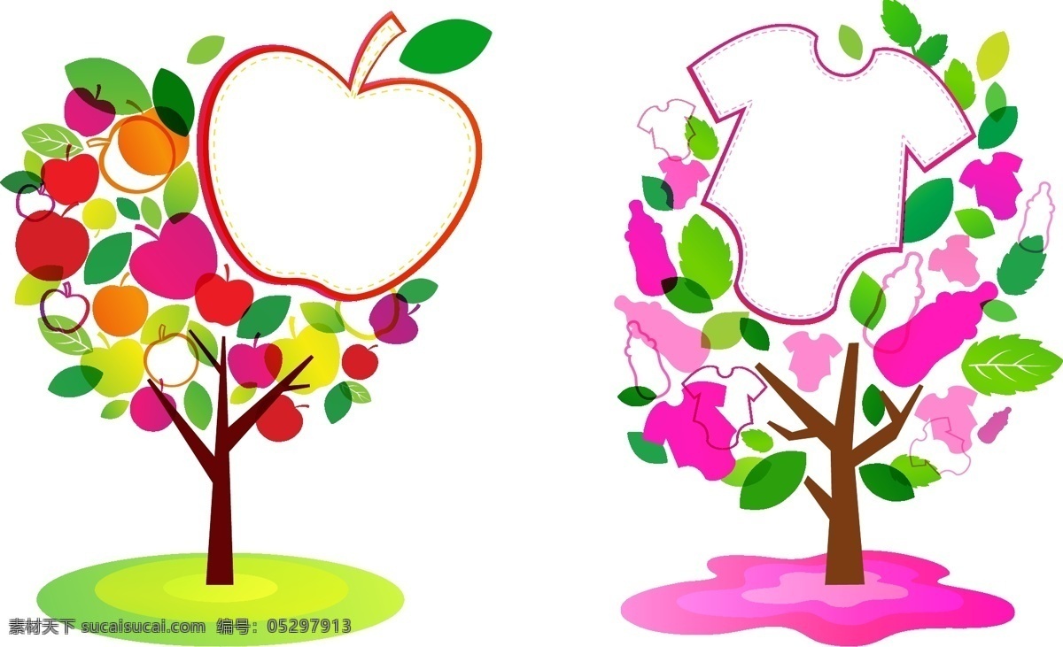 树木 苹果树 苹果 衣服 奶瓶 婴儿 装饰画 墙面贴纸 树林 卡通森林 树林贴纸 矢量图集2 矢量素材 其他矢量 矢量