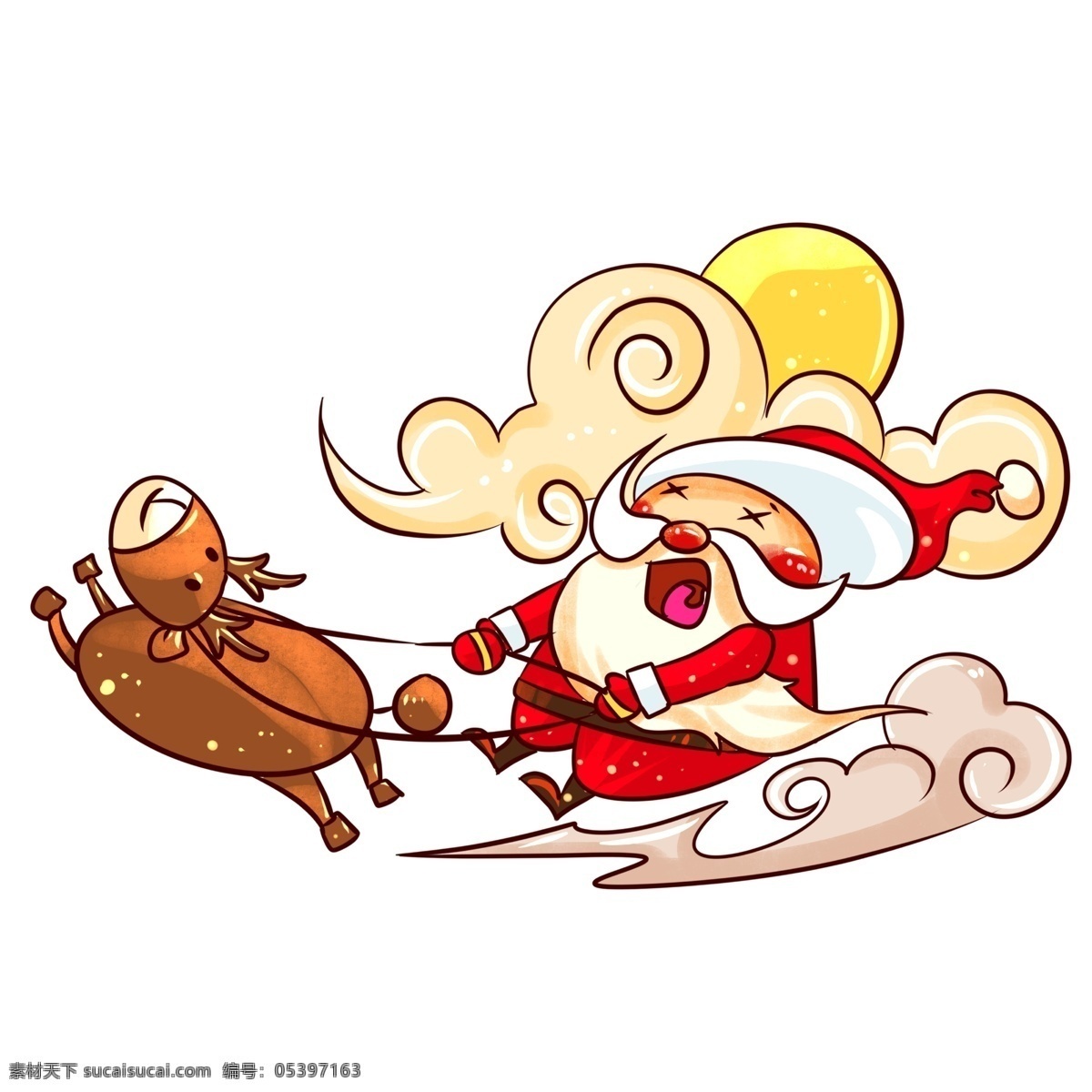 圣诞节 圣诞老人 麋鹿 飞奔 手绘 插画 手绘送礼物 礼物 圣诞节雪人 雪人 收礼 物 小朋友