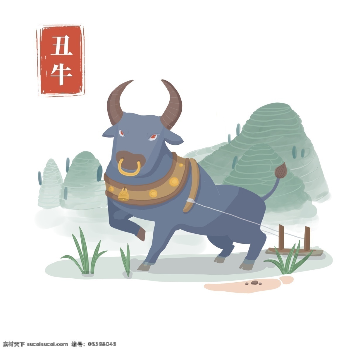 手绘 卡通 古风 十二生肖 丑牛 牛