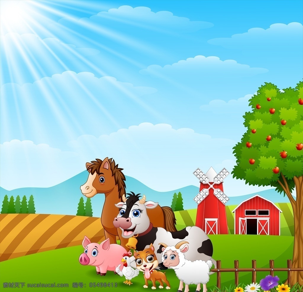 卡通畜牧农场 卡通农场 畜牧业 卡通家畜 卡通动物 农场 蓝天 草地 大山 绿色 花朵 白云 农业 卡通设计