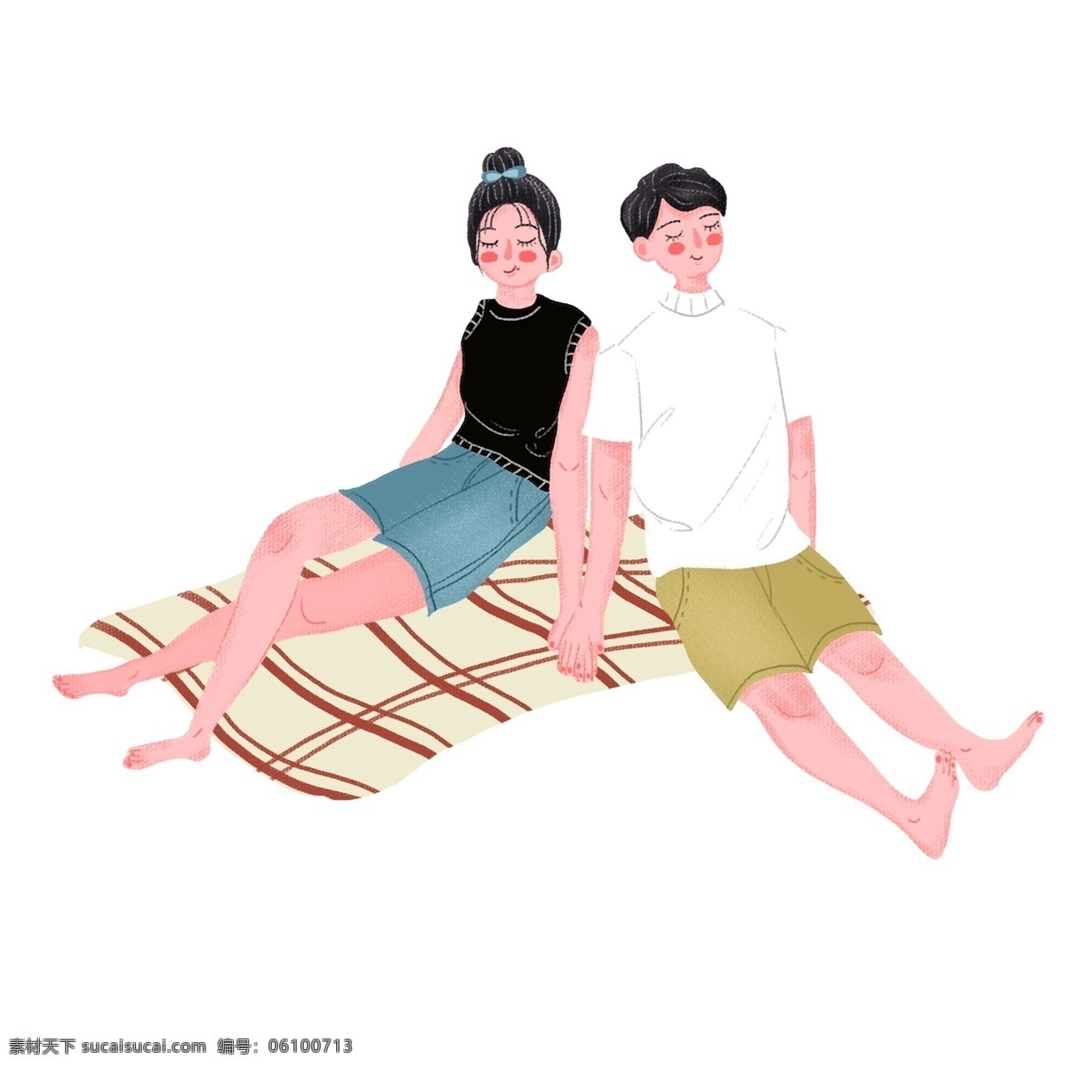 卡通 手绘 野餐 小 情侣 插画 清新 小情侣 人物 春游 毯子