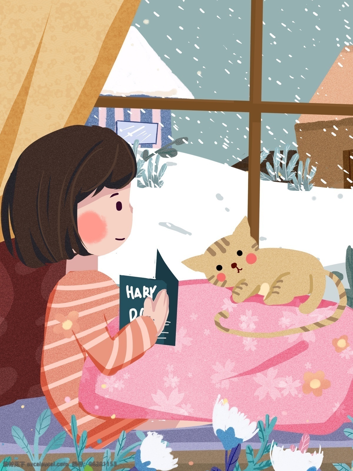 冬天 你好 女孩 小猫 卡通 温暖 可爱 温馨 插画 冬天你好 孩子 儿童 立冬 冬日