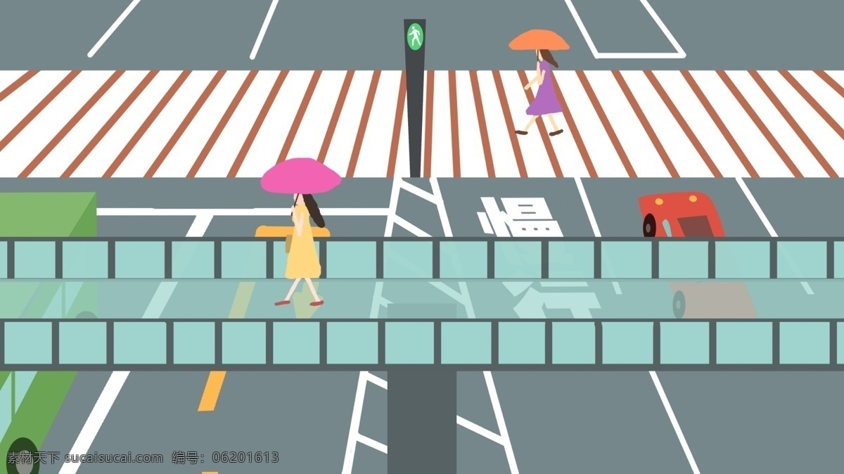 文明 出行 原创 插画 交通 壁纸 宣传 扁平 社会 天桥 红绿灯 慢行 斑马线 配图