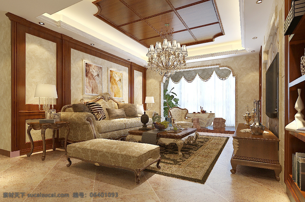 欧式 暖色 温馨 客厅 效果图 模型 空间 背景墙 沙发 窗帘 大理石 吊灯 挂画 地板 椅子 餐桌 茶几 门