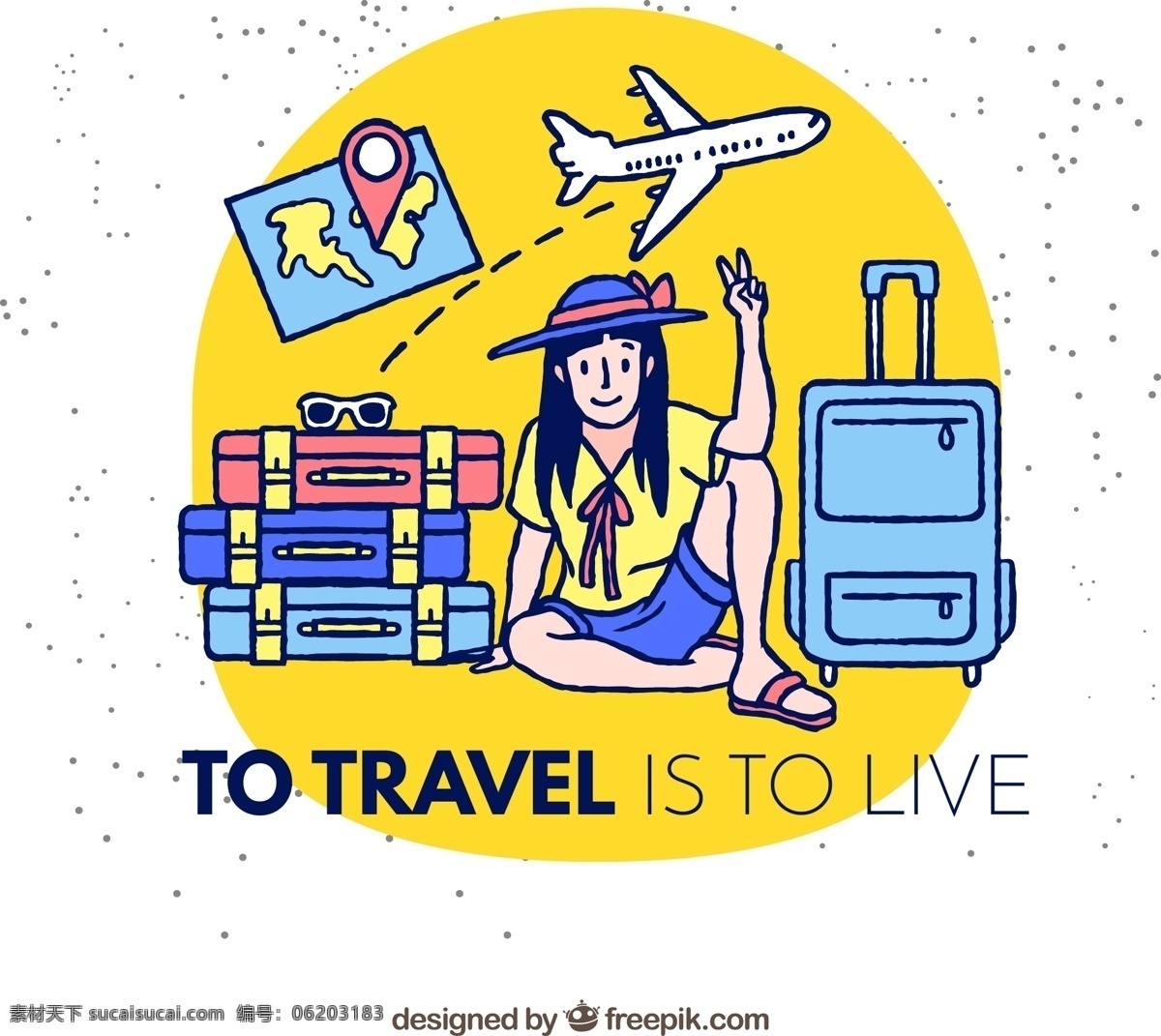 创意 手绘 旅行 女子 太阳镜 轨迹 行李箱 飞机 地图 地标 度假 文化艺术 绘画书法