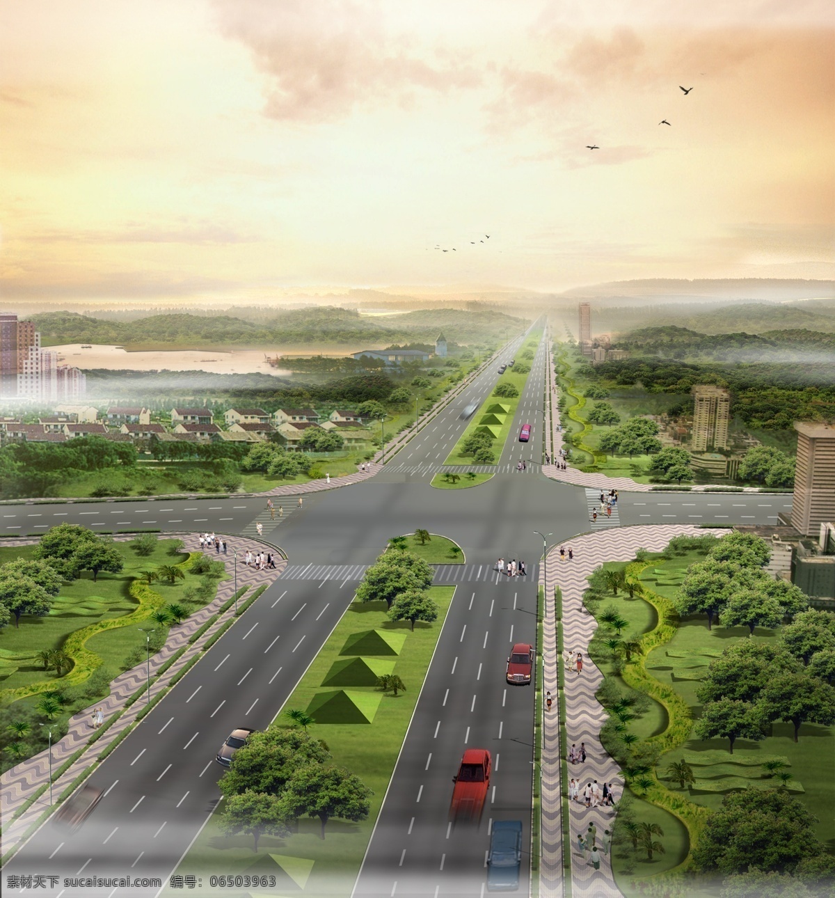 梧桐山公路 效果图 公路 十字路口 天空 树林 草坪 斑马线 车 人行道 环境设计 建筑设计 建筑装潢 室内外 环境艺术 园林景观 源文件库