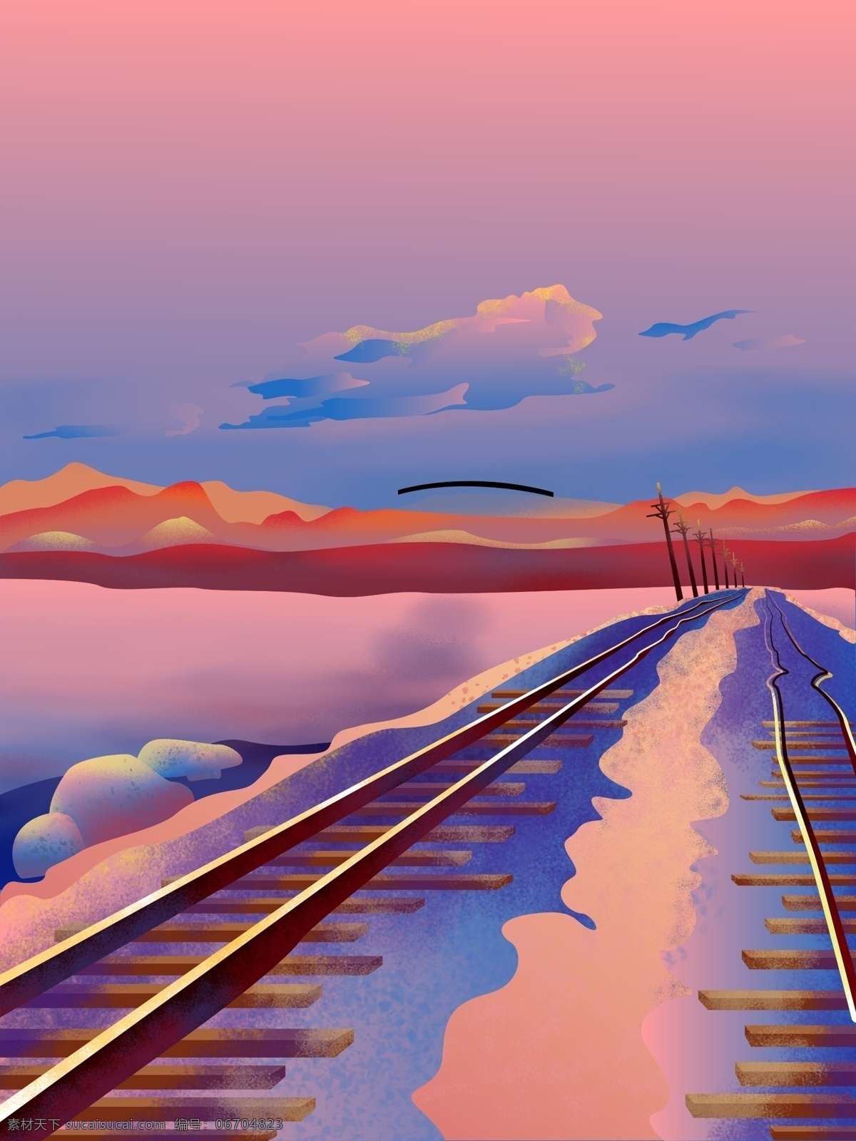 手绘 夕阳西下 铁路 背景 铁路背景 背景素材 广告背景 晚霞背景