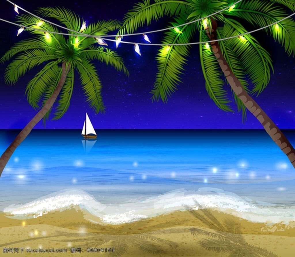 海边 夜景 矢量 背景 海水 沙滩 矢量背景 椰子树 椰子
