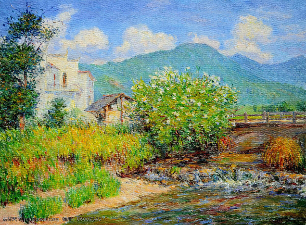 村庄 房屋 绘画书法 美术 农家 桥 山岭 村头 油画 乡土 溪流 树木 油画艺术 油画作品25 文化艺术