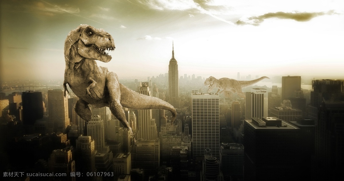 恐龙来临 恐龙 城市 科幻 灾难 自然景观 分层 背景素材