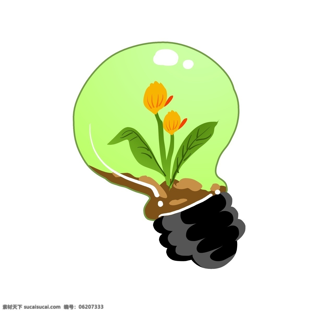 绿色植物 灯泡 插画 黄色小花植物 绿色的灯泡 创意小花灯泡 黄色的土壤 黑色的灯柄 环保节能灯泡