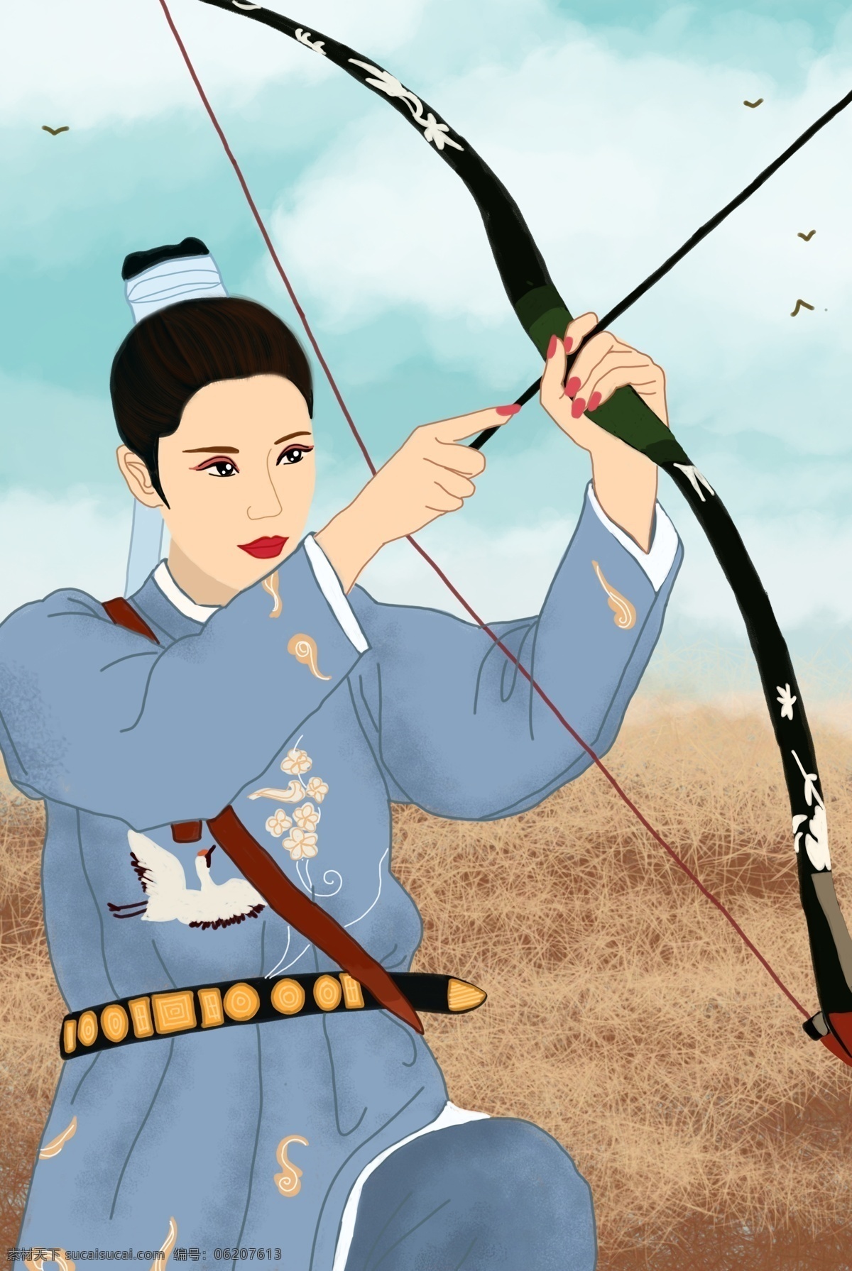 中国 传统文化 汉 服 服饰 古装 射箭 汉服 手绘插画 分层