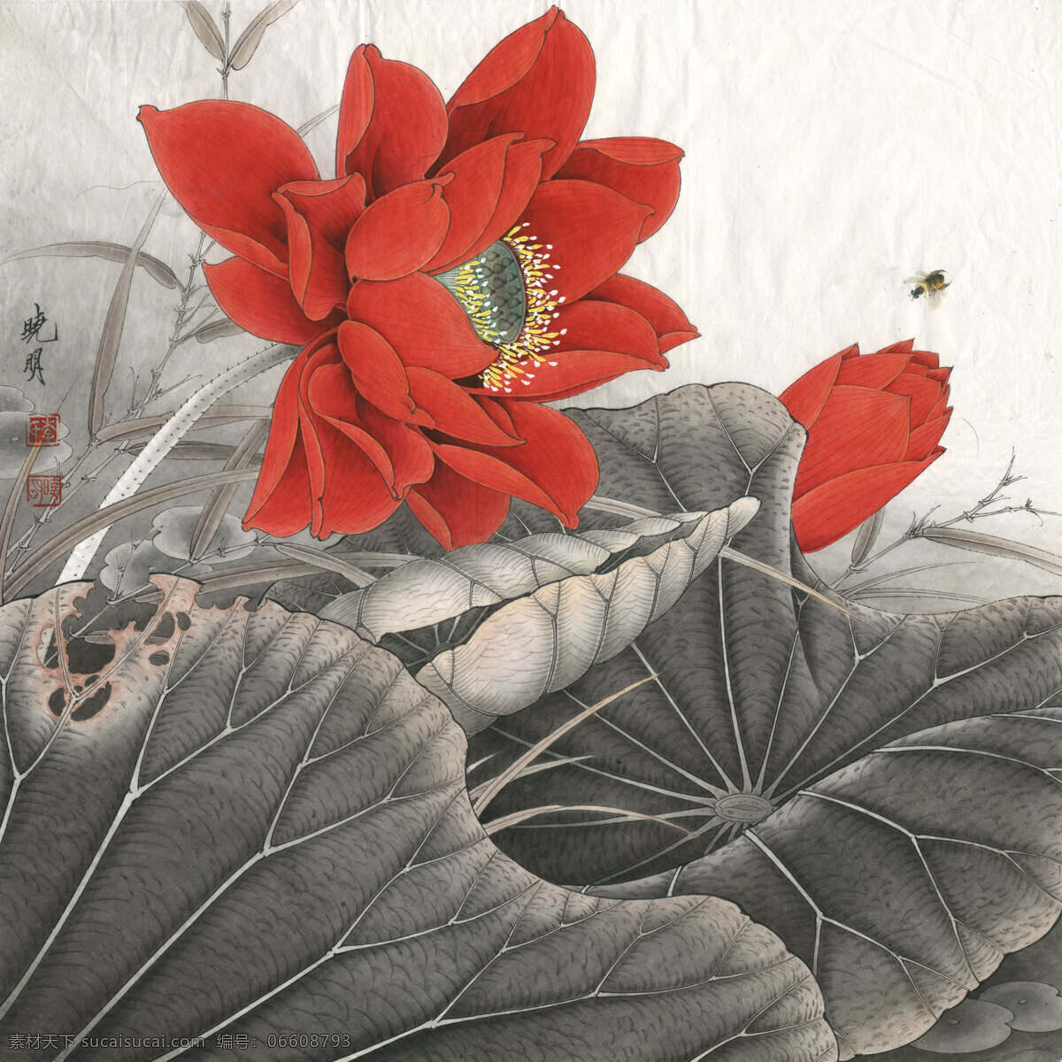 红荷图 荷花 红莲 工笔画 工笔花鸟 花鸟画 国画 莲花 工笔花卉 花卉 荷塘 文化艺术 绘画书法