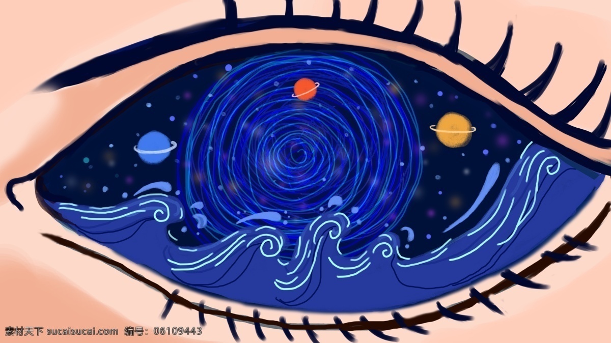 原创 插画 治愈 系 眼里 星辰 大海 星空 波浪 蓝色 壁纸 治愈系 星球 浩瀚星海 手机配图
