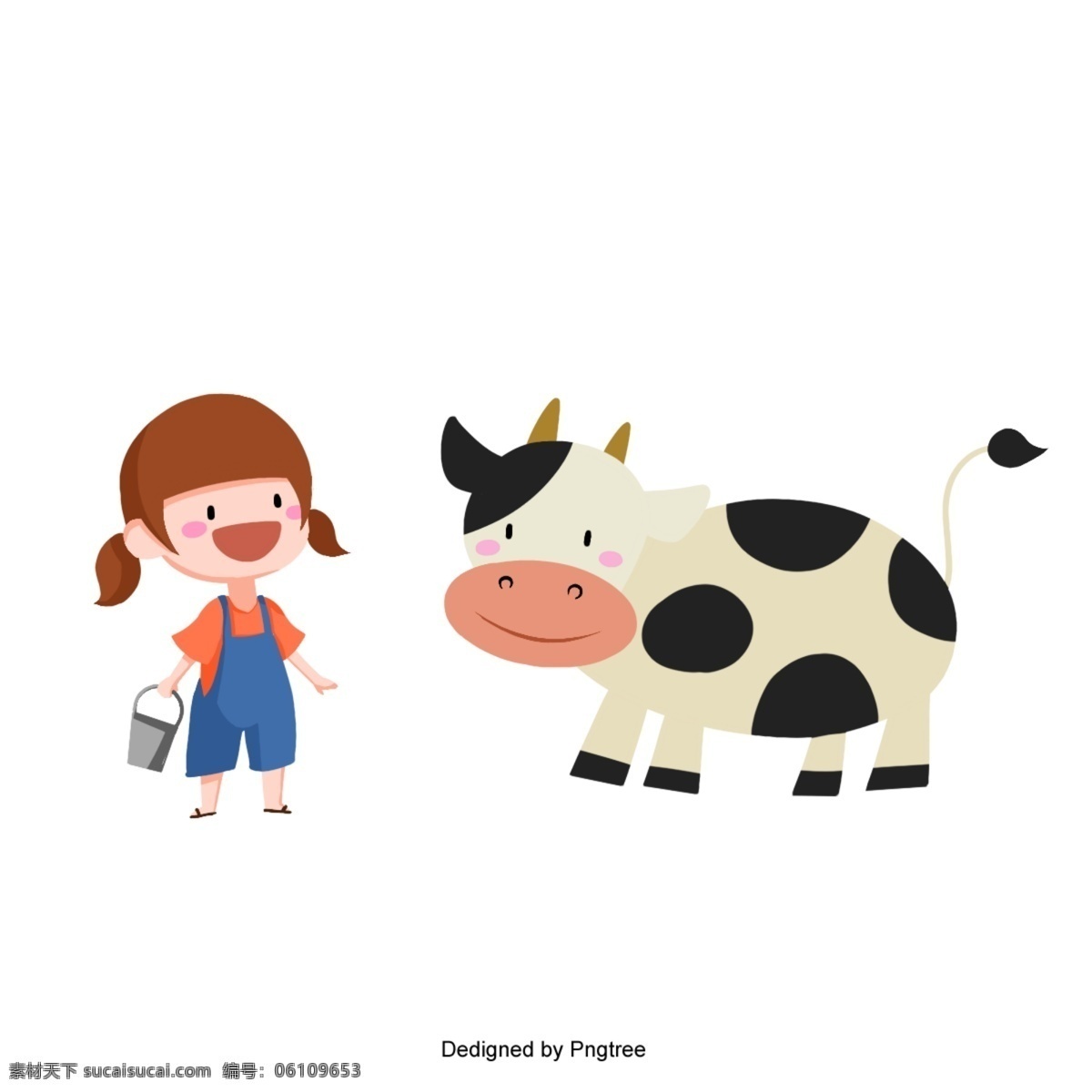 卡通 可爱 女孩 母牛 孩子 奶牛 牛奶 快乐 美丽 多彩 手绘 图案 矢量 幻象