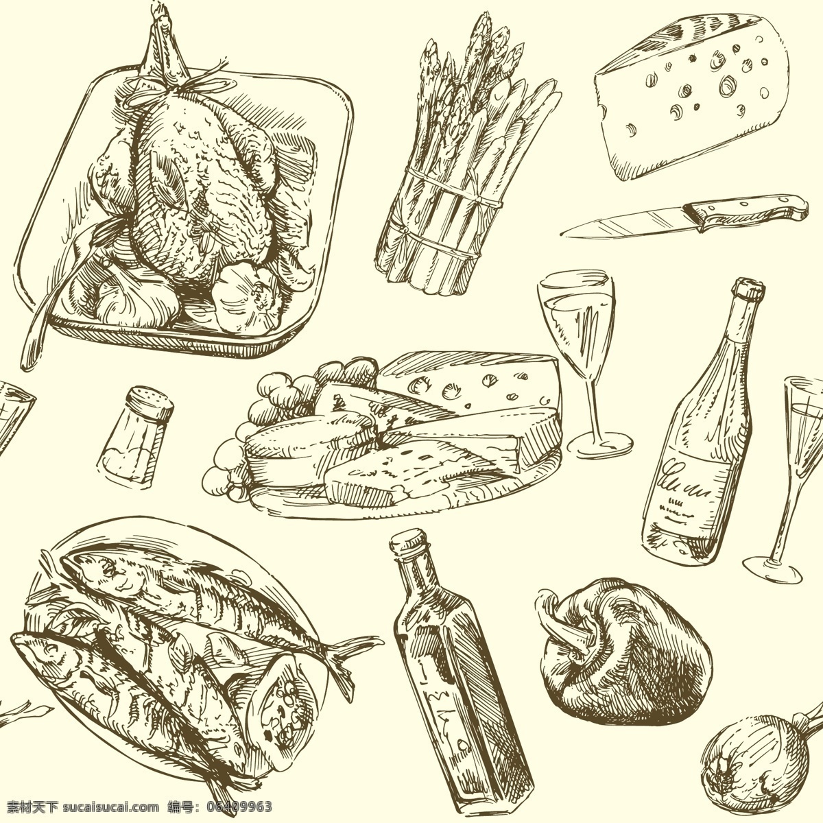 手绘食物 手绘 线稿 插画 速写 素描 食物 咖啡厅 西餐 蛋糕 红酒 酒杯 水果 餐具 鱼 鸡 矢量素材 餐饮美食 生活百科 矢量
