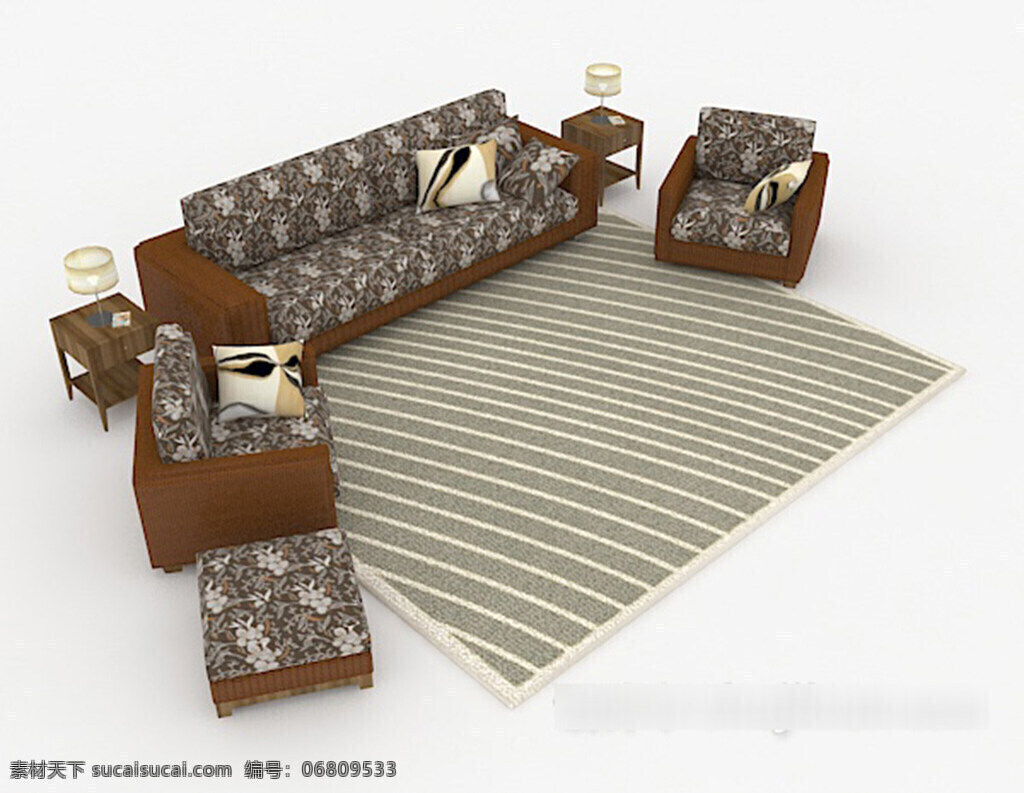 东南亚 花纹 组合 沙发 3d 模型 3d模型下载 3dmax 现代风格模型 白色模型