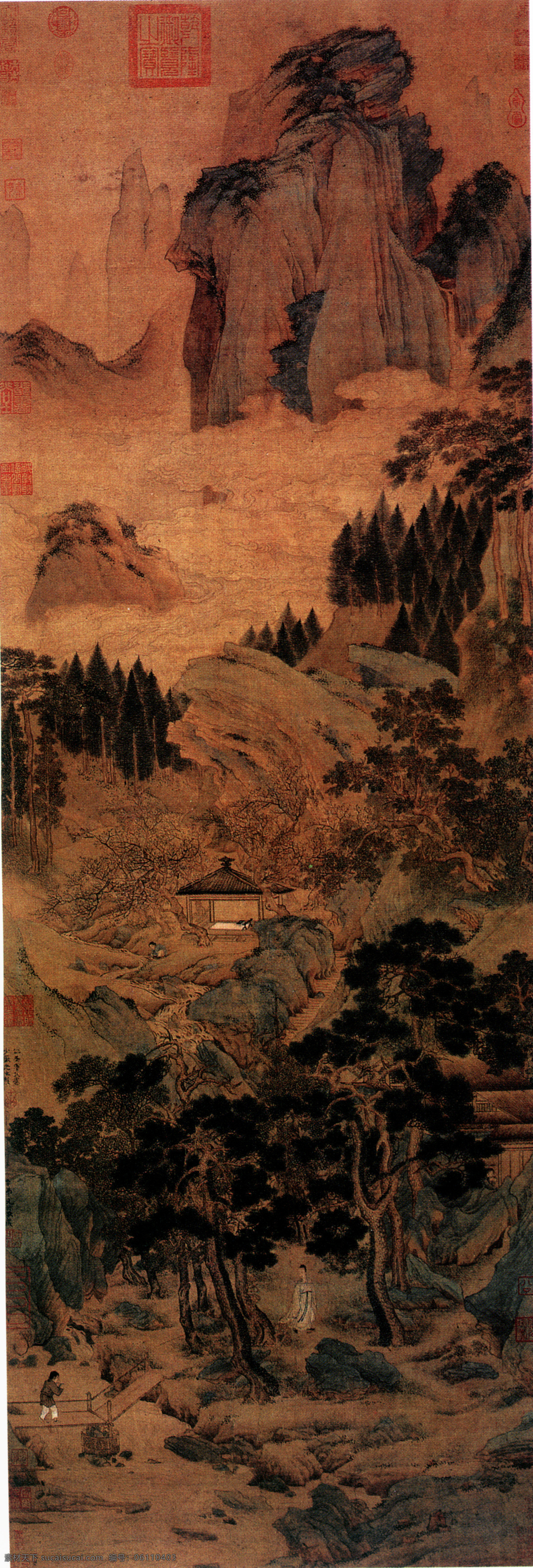 山水 名画 书画 桃 村 草堂 图 古画 山水画 山水名画书画 书画真迹 中国水墨画 桃村草堂图 名家仇英 文化艺术