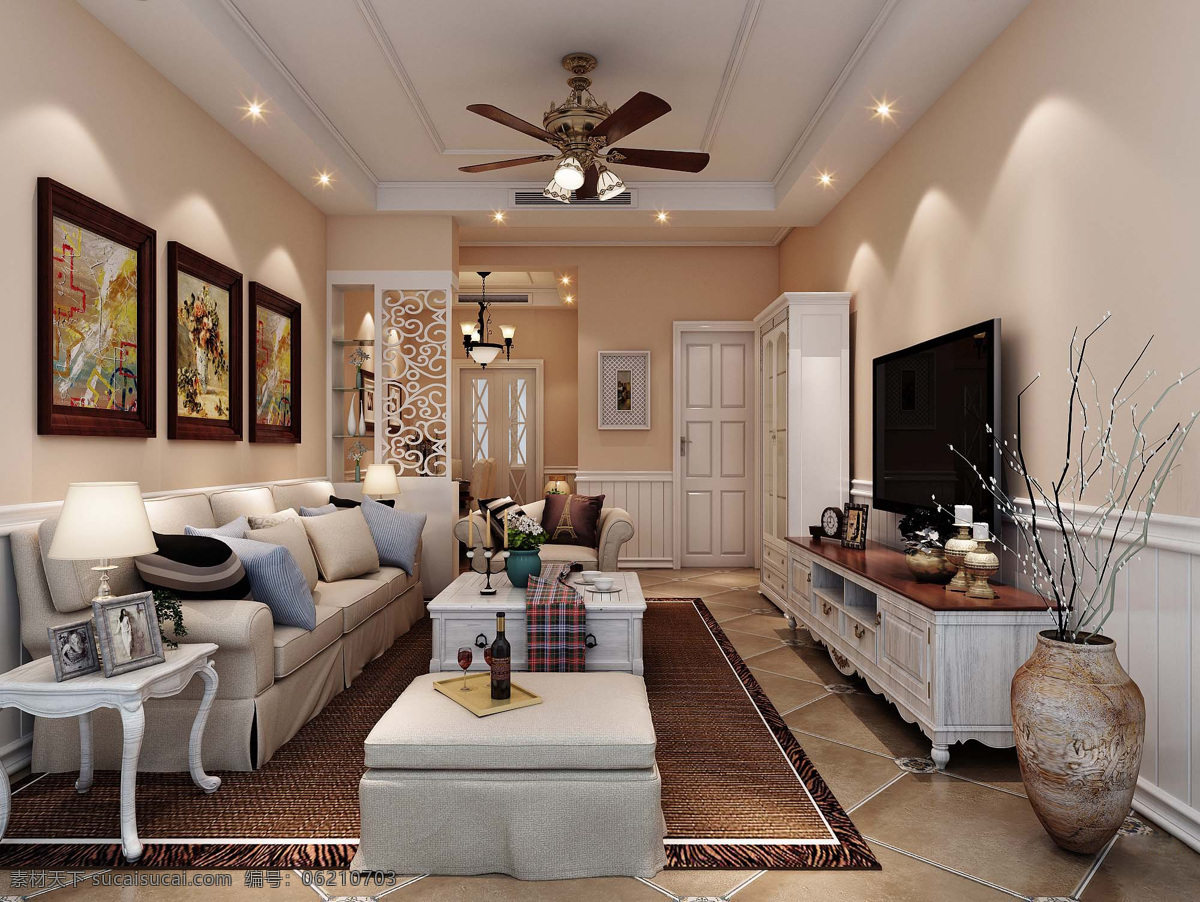美式 清新 客厅 褐色 花纹 花瓶 室内装修 效果图 褐色瓷砖地板 客厅装修 铜制吊扇 纯色沙发
