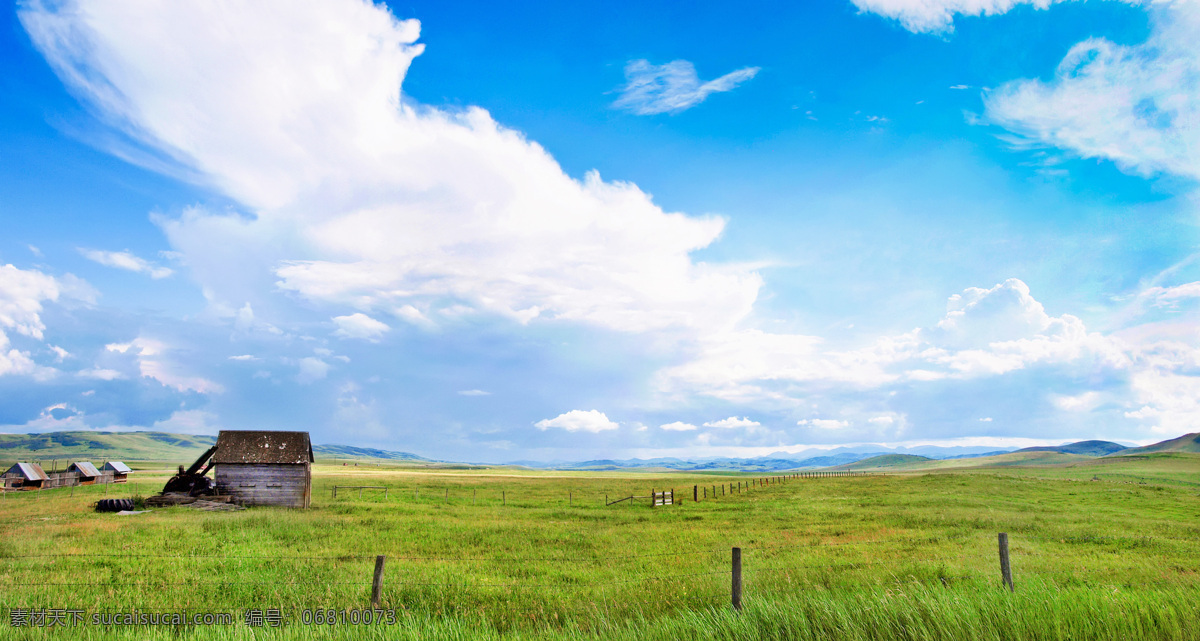 绿色草原 风景图片 蓝天 白云 绿色草地 草原风光 草原 上的房屋 自然风景 自然景观