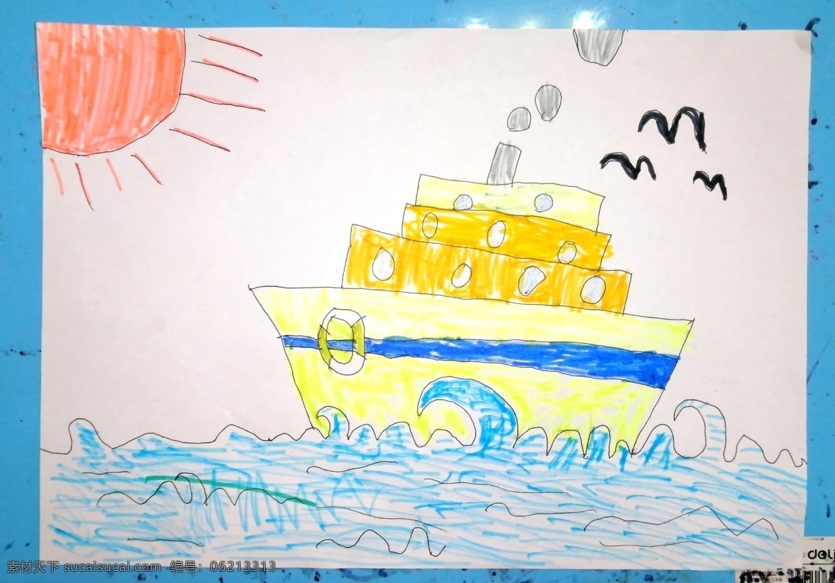 儿童绘画图片 儿童 绘画 船 水彩画 印像 儿子的绘画