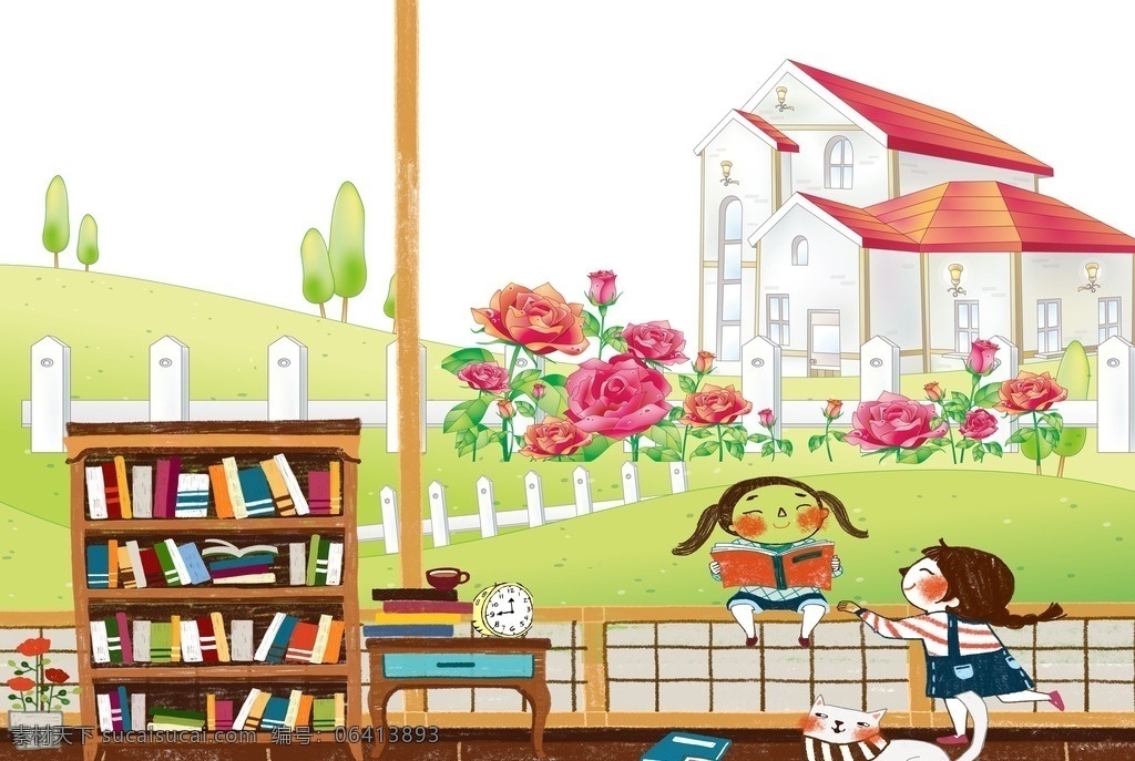 可爱卡通背景 书柜 可爱女孩 房屋 花丛 平面设计