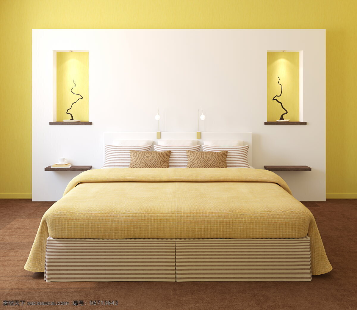 家居卧室 卧室 双人床 壁灯 灯具 床铺 枕头 被子 床单 被单 地板 淡雅 木纹 黄色 墙壁 白色 装饰 工艺品 室内 家具 家装 装修 组 装潢 环境设计 室内设计