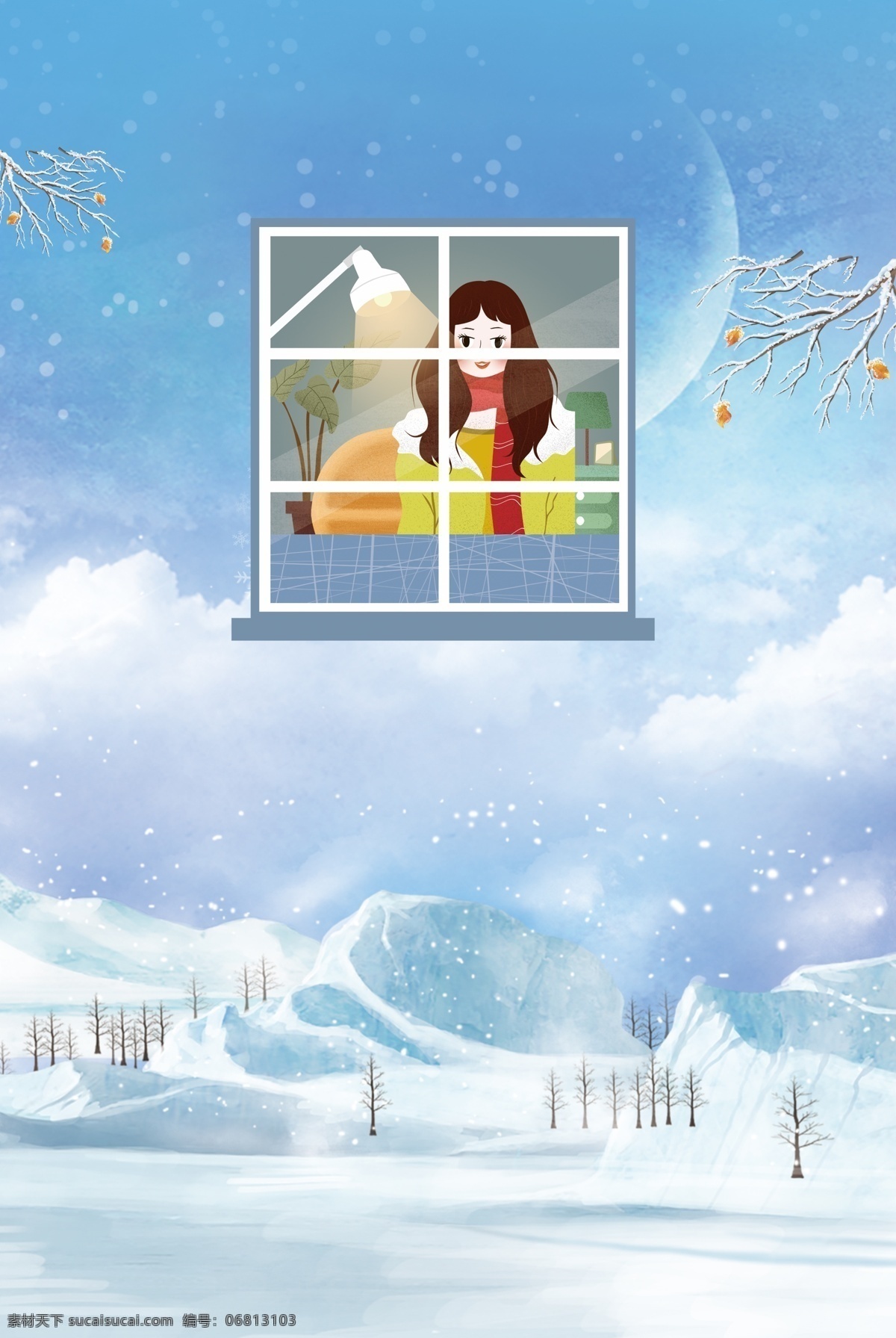蓝色 清新 冬季 促销 广告 背景 图 冬天 雪花 窗户 卡通 扁平 冬季上新促销 冬季上新 雪 房屋 冬天背景 广告背景