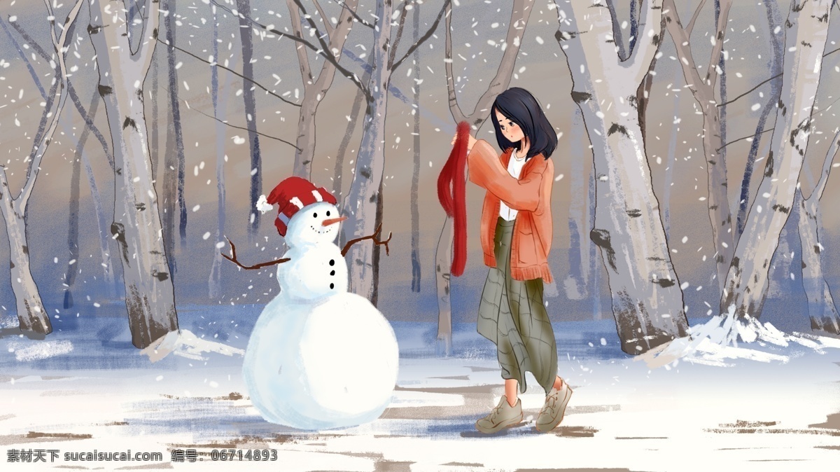 原创 水彩 风格 插画 立冬 小学 树林 女孩 冬装 冬天 大雪 白桦林 堆雪人 雪人