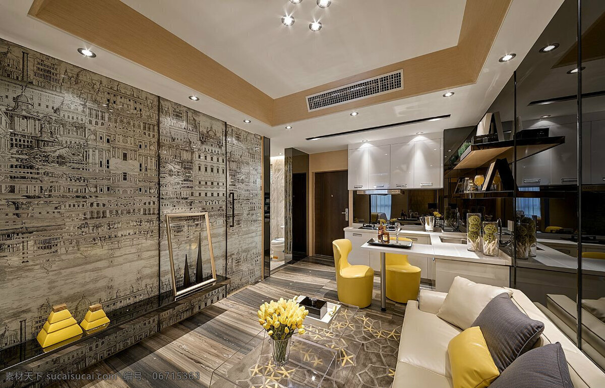 现代 时尚 客厅 褐色 花纹 背景 墙 室内装修 效果图 客厅装修 木制电视柜 白色沙发