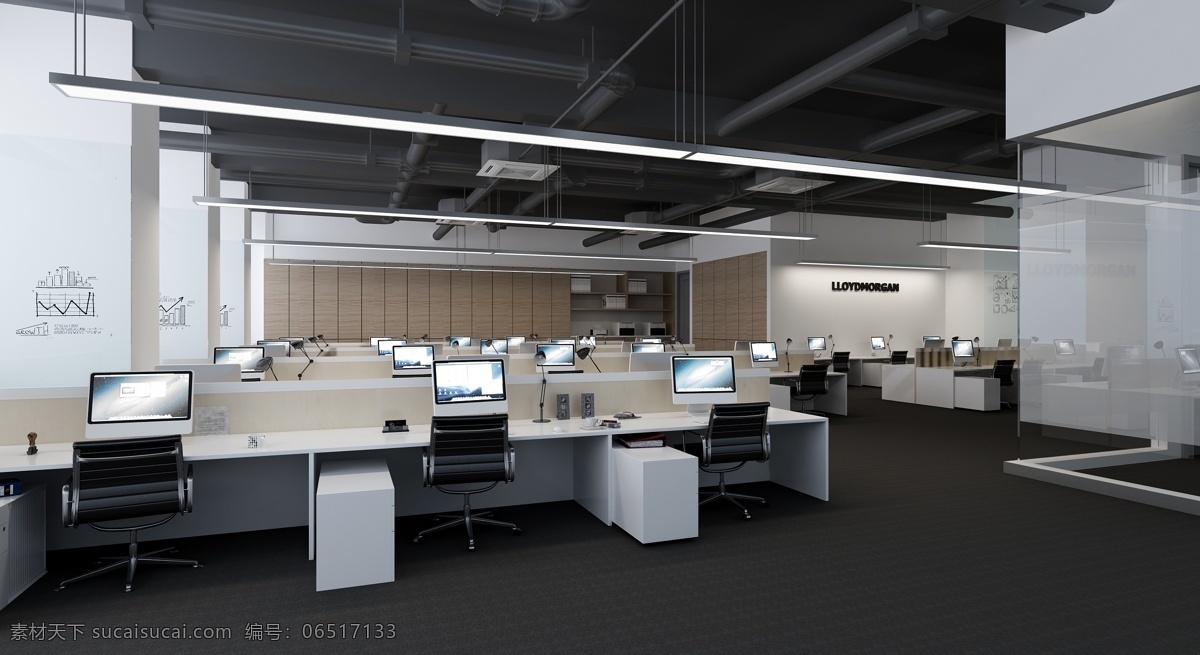 现代 时尚 深色 地板 办公室 工装 装修 深色地毯 长条吊灯 白色办公桌 大户型办公室 工装装修